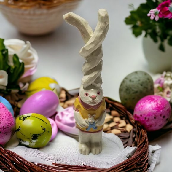 Twisted Ears Anthropomorphic Easter Bunny Faux Wood Resin Kitschy Spring Décor - Picture 3 of 9